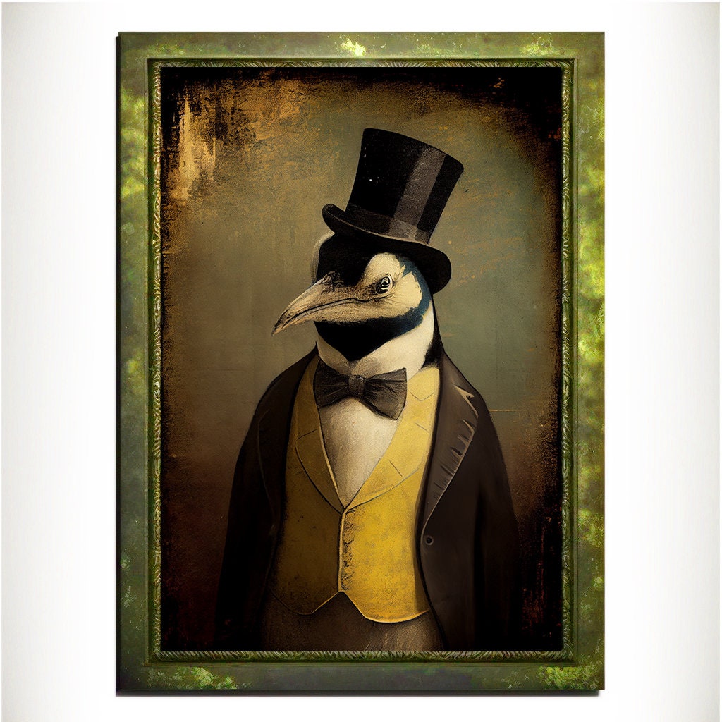 Yellow Penguin Wall Art Print, Animal Lover Vintage Regal Penguin Art Poster Renaissance. Victorian Penguin Portrait, Royal Painting Gift - Wall Art Poster Print