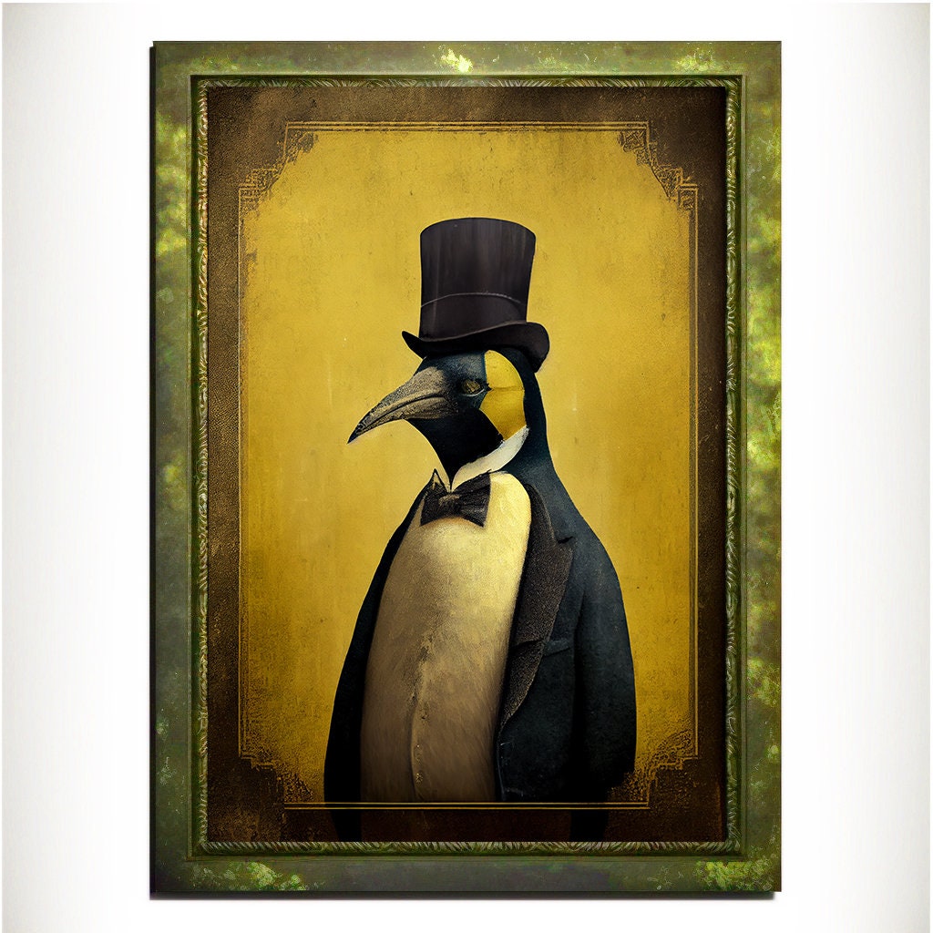Yellow Penguin Wall Art Print, Animal Lover Vintage Regal Penguin Art Poster Renaissance. Victorian Penguin Portrait, Royal Painting Gift - Wall Art Poster Print