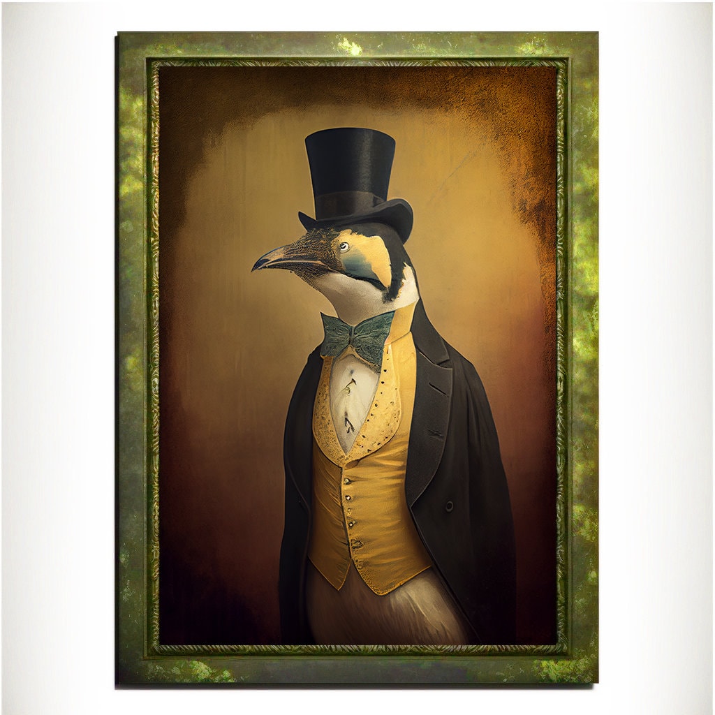 Yellow Penguin Wall Art Print, Animal Lover Vintage Regal Penguin Art Poster Renaissance. Victorian Penguin Portrait, Royal Painting Gift - Wall Art Poster Print