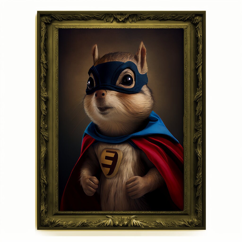 Superhero Chipmunk Portrait, Animal Painting, Altered Art, Bar Room Poster, Regal Vintage Artwork, Unique Art Prints, Funny Pet Gift