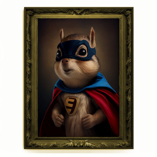 Superhero Chipmunk Portrait, Animal Painting, Altered Art, Bar Room Poster, Regal Vintage Artwork, Unique Art Prints, Funny Pet Gift