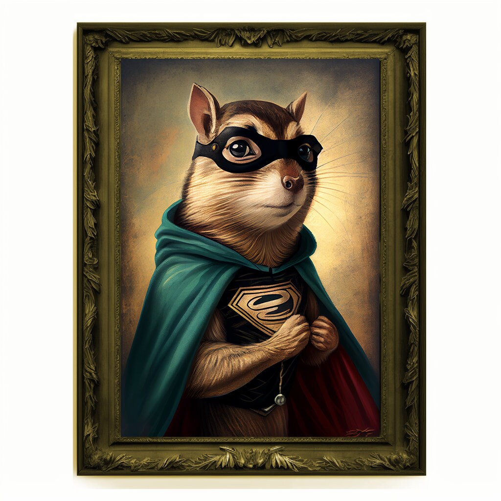 Superhero Chipmunk Portrait, Animal Painting, Altered Art, Bar Room Poster, Regal Vintage Artwork, Unique Art Prints, Funny Pet Gift