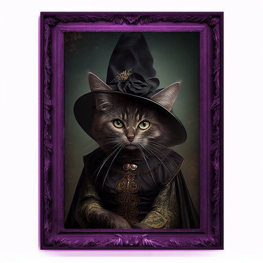 Witch Cat Portrait, Animal Painting, Altered Art, witchcraft Decor, Regal Vintage Artwork, Unique Prints, Funny Pet Gift, Salem Cat Print