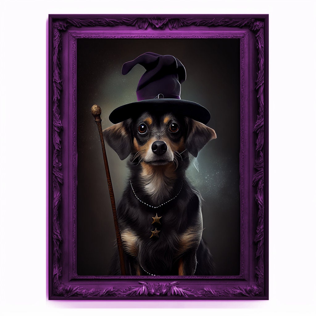 Wizard Dog Portrait, Magician Poster, Animal Painting, Altered Art, Magic Wand, Regal Vintage Artwork, Unique Prints, Pet Gift, Wizard Gift