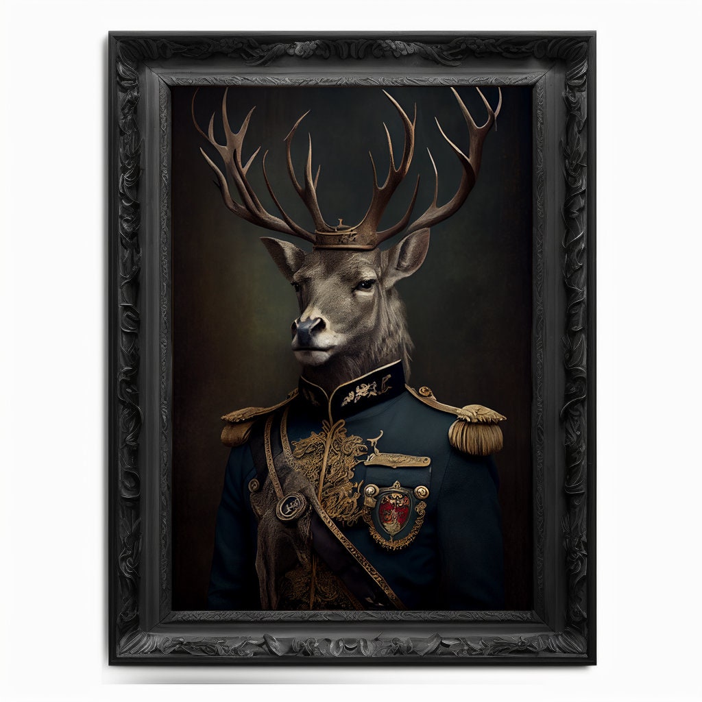 Military Stag Wall Art Print, Animal Lover Vintage Regal Stag Art Deer Poster Renaissance. Victorian Stag Portrait, Royal Painting Pet Gift - Wall Art Poster Print
