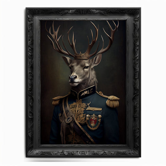 Military Stag Wall Art Print, Animal Lover Vintage Regal Stag Art Deer Poster Renaissance. Victorian Stag Portrait, Royal Painting Pet Gift - Wall Art Poster Print
