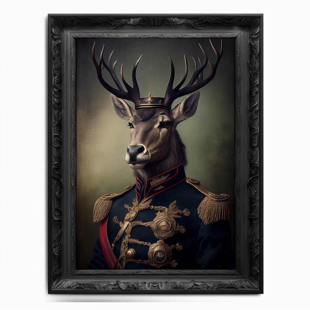 Military Stag Wall Art Print, Animal Lover Vintage Regal Stag Art Deer Poster Renaissance. Victorian Stag Portrait, Royal Painting Pet Gift - Wall Art Poster Print