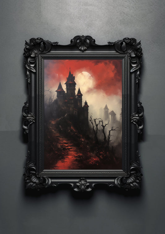 Red Black. Gothic Prints. Oil Painting. Dracula's Castle Poster. Demonic Palace. Spooky Gifts. Gothic Home Decor. Gothic Art. Witchy Gifts.