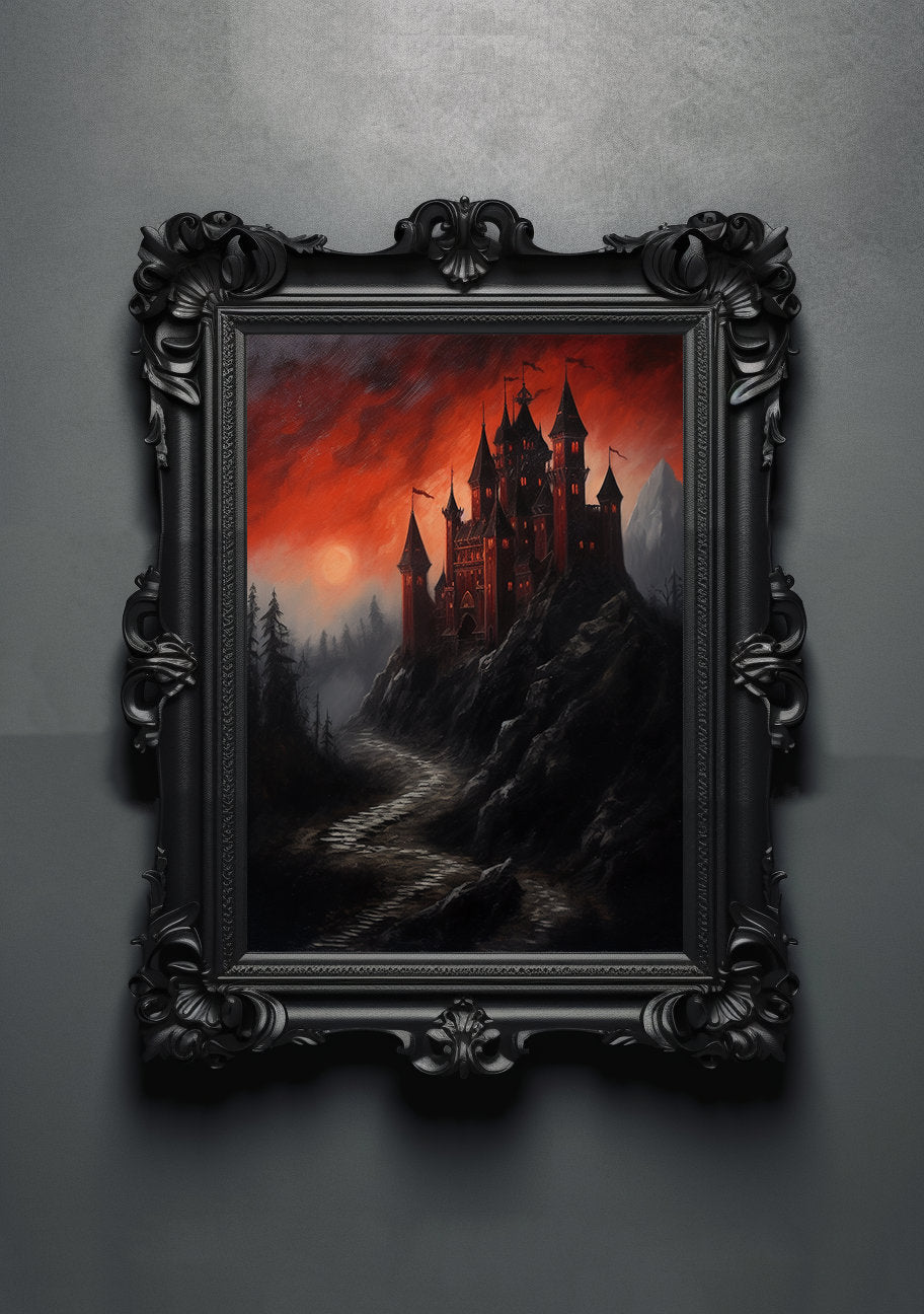 Red Black. Gothic Prints. Oil Painting. Dracula's Castle Poster. Demonic Palace. Spooky Gifts. Gothic Home Decor. Gothic Art. Witchy Gifts.