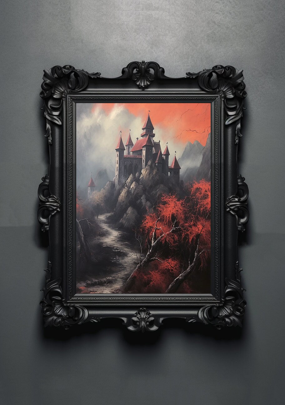 Red Black. Gothic Prints. Oil Painting. Dracula's Castle Poster. Demonic Palace. Spooky Gifts. Gothic Home Decor. Gothic Art. Witchy Gifts.