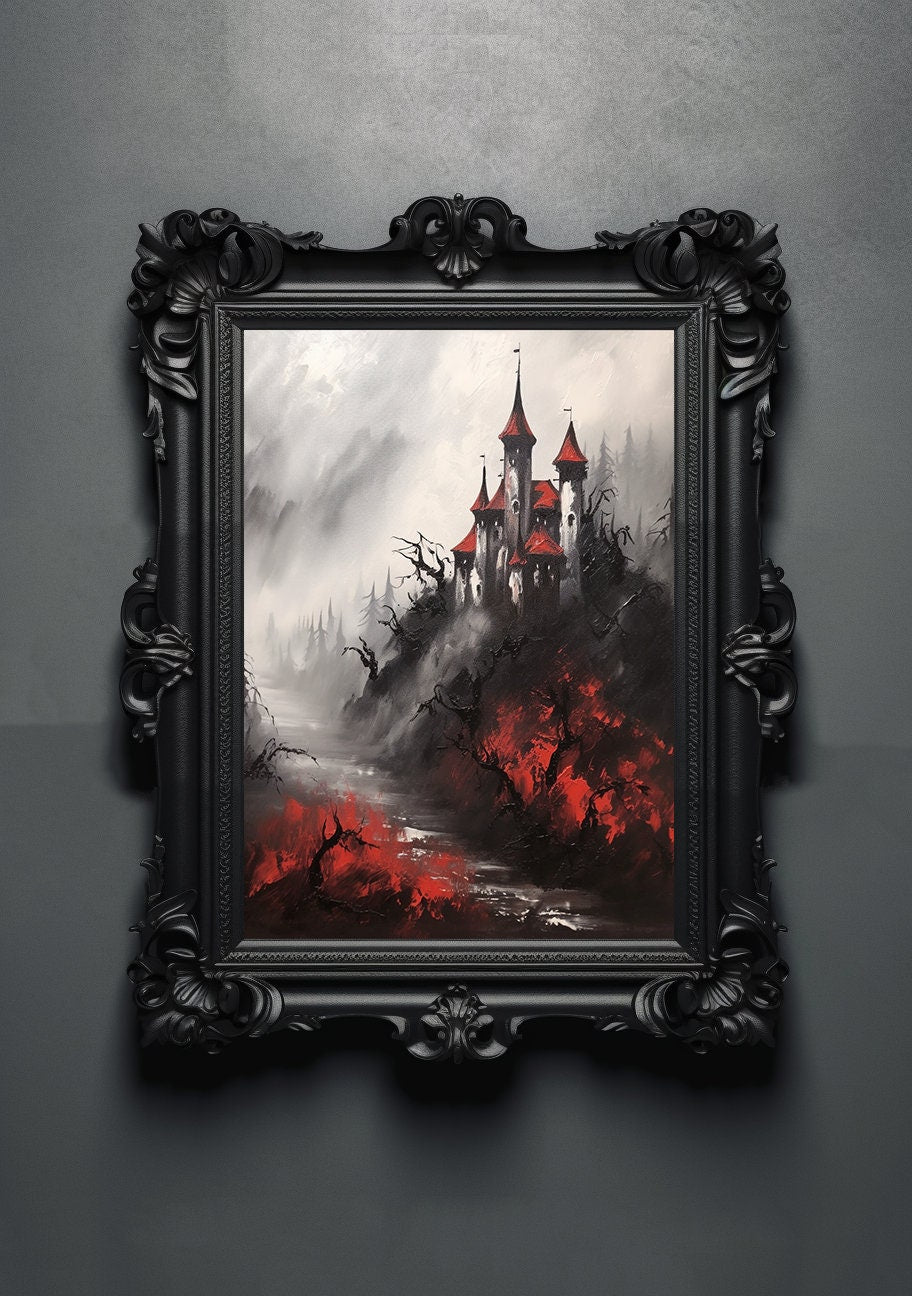Red Black. Gothic Prints. Oil Painting. Dracula's Castle Poster. Demonic Palace. Spooky Gifts. Gothic Home Decor. Gothic Art. Witchy Gifts.