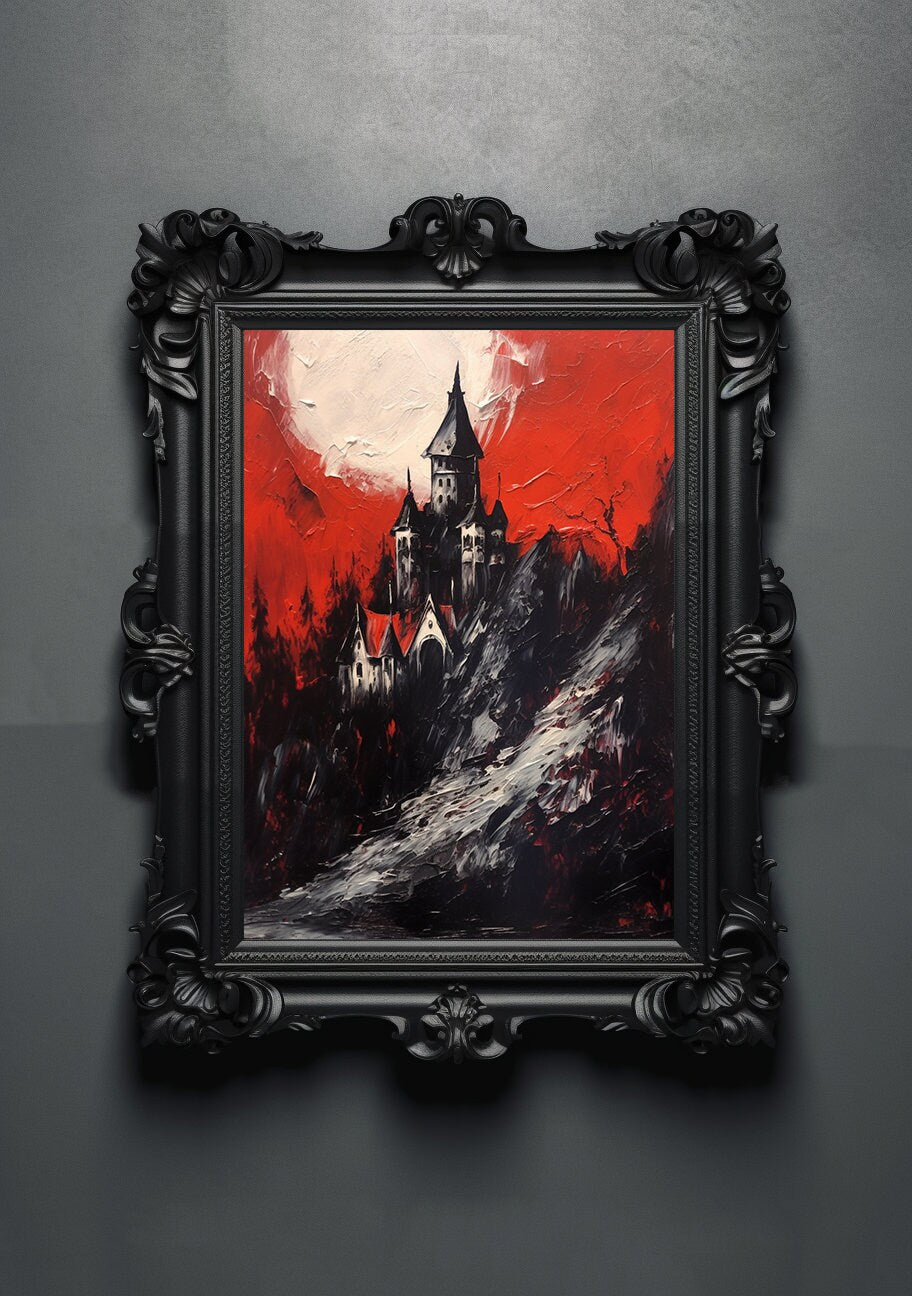 Red Black. Gothic Prints. Oil Painting. Dracula's Castle Poster. Demonic Palace. Spooky Gifts. Gothic Home Decor. Gothic Art. Witchy Gifts.