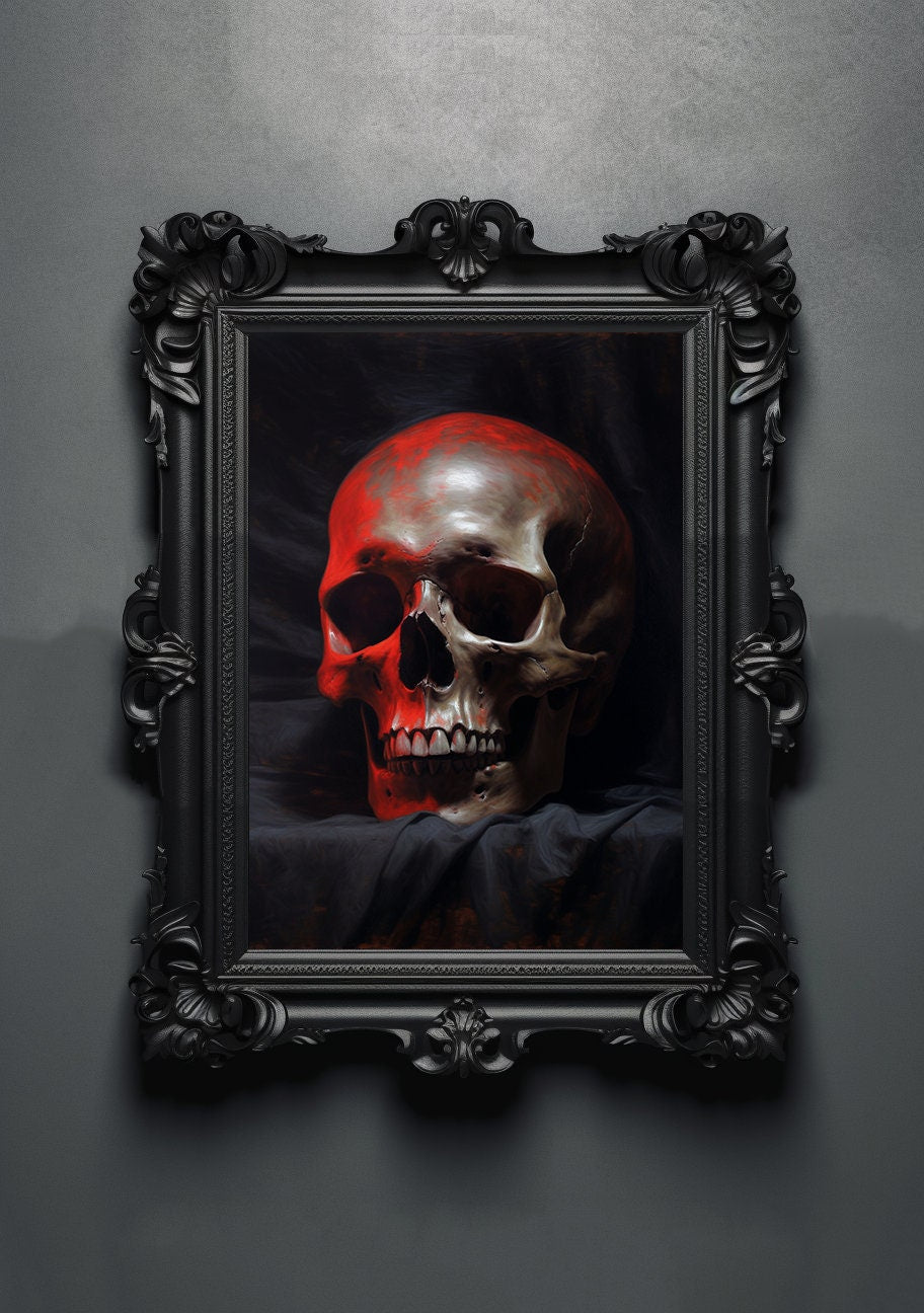Black Red Skull. Gothic Prints. Oil Painting. Skull Poster. Demonic Palace. Spooky Gifts. Gothic Home Decor. Gothic Art. Witchy Gifts.