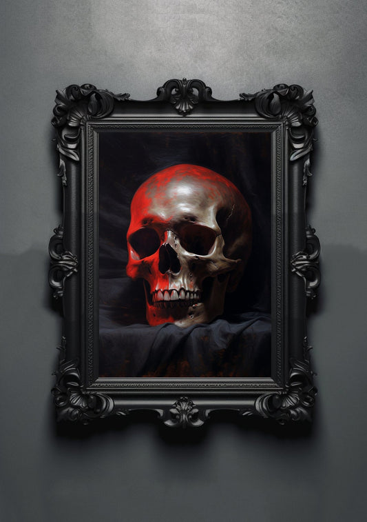 Black Red Skull. Gothic Prints. Oil Painting. Skull Poster. Demonic Palace. Spooky Gifts. Gothic Home Decor. Gothic Art. Witchy Gifts.