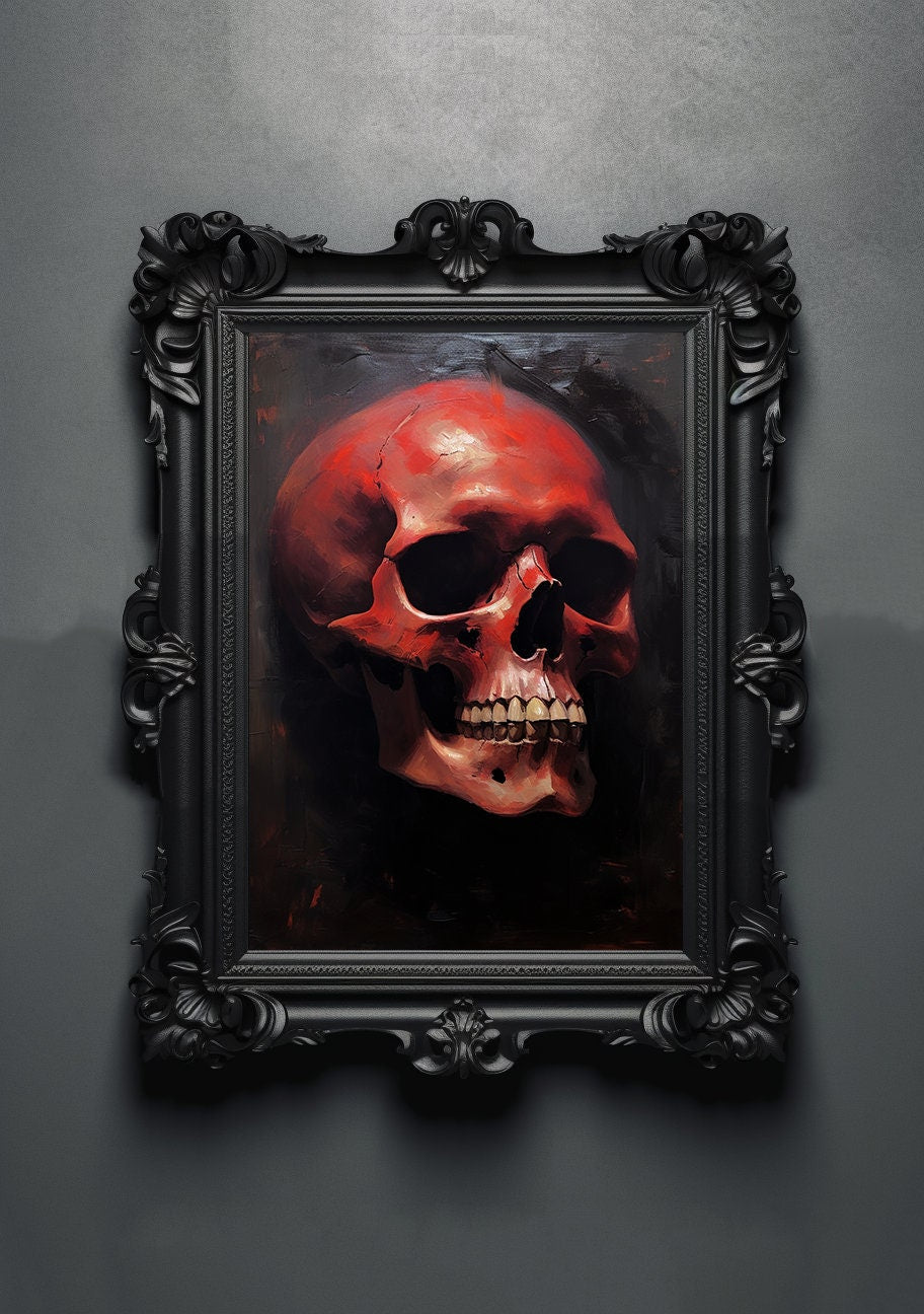Black Red Skull. Gothic Prints. Oil Painting. Skull Poster. Demonic Palace. Spooky Gifts. Gothic Home Decor. Gothic Art. Witchy Gifts.