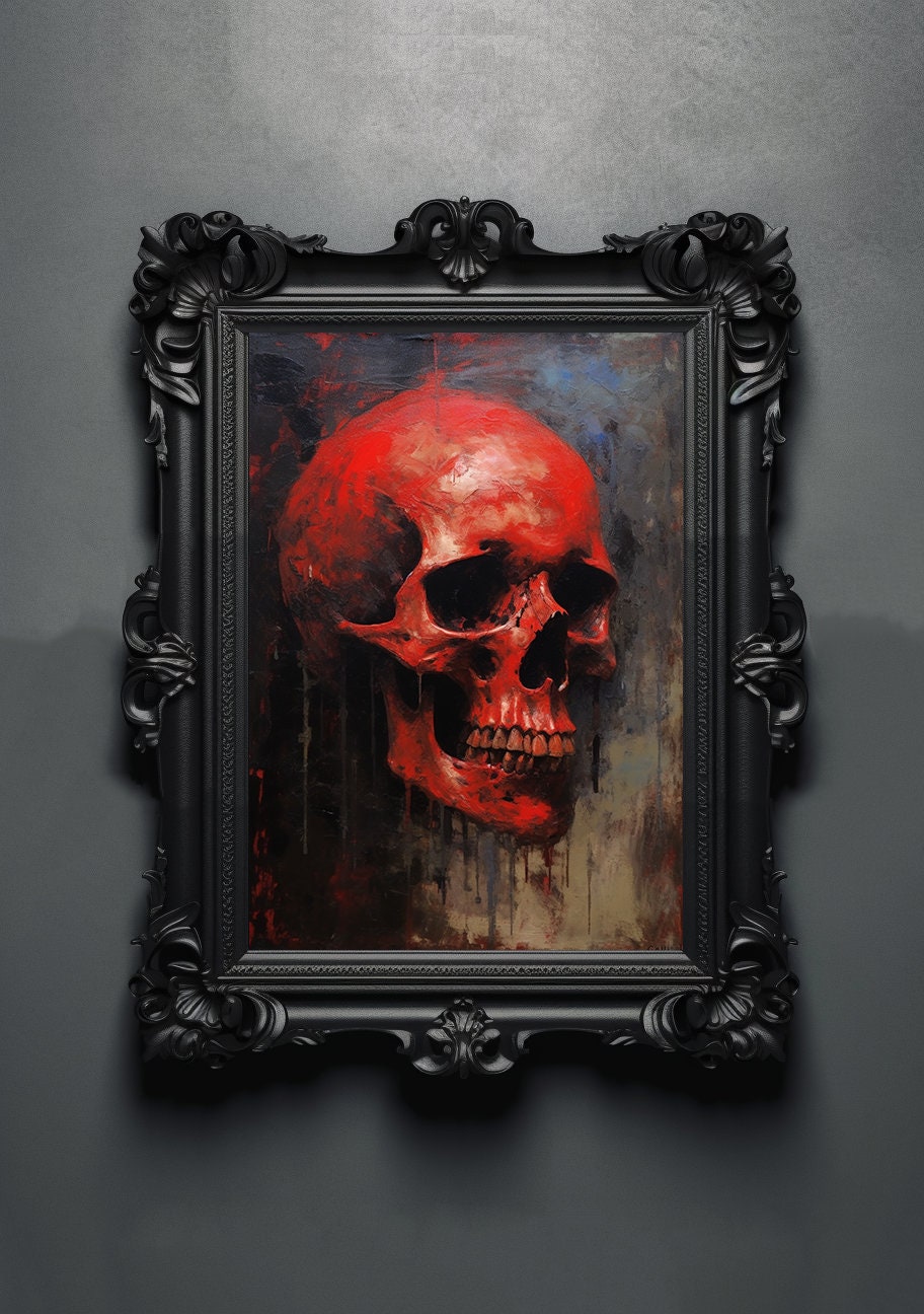 Black Red Skull. Gothic Prints. Oil Painting. Skull Poster. Demonic Palace. Spooky Gifts. Gothic Home Decor. Gothic Art. Witchy Gifts.