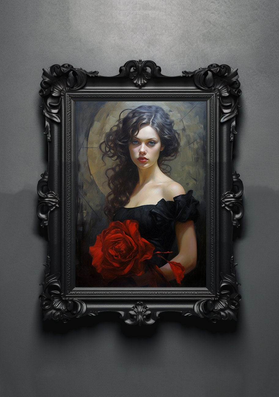 Gothic Rose Artwork. Gothic Prints. Oil Painting. Black Rose Poster. Wiccan Lady. Spooky Gifts. Gothic Home Decor. Gothic Art. Witchy Gifts.