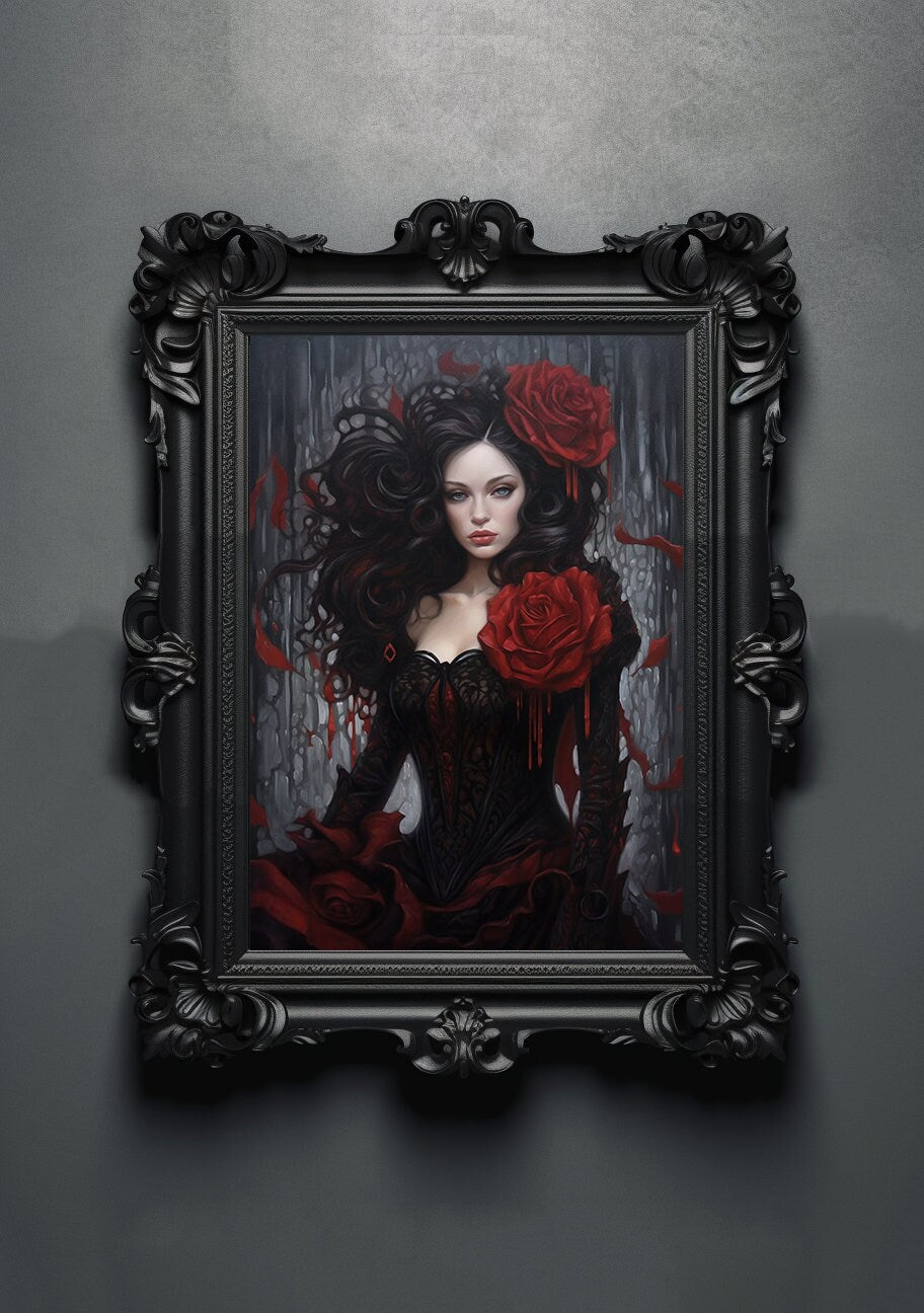 Gothic Rose Artwork. Gothic Prints. Oil Painting. Black Rose Poster. Wiccan Lady. Spooky Gifts. Gothic Home Decor. Gothic Art. Witchy Gifts.