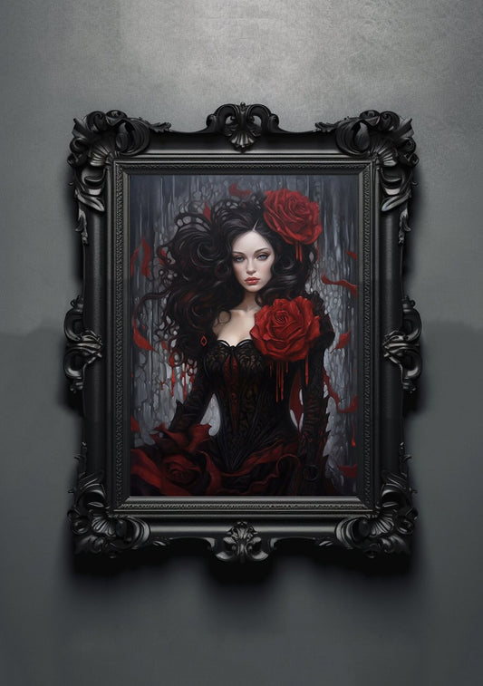 Gothic Rose Artwork. Gothic Prints. Oil Painting. Black Rose Poster. Wiccan Lady. Spooky Gifts. Gothic Home Decor. Gothic Art. Witchy Gifts.