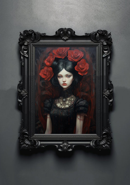 Gothic Rose Artwork. Gothic Prints. Oil Painting. Black Rose Poster. Wiccan Lady. Spooky Gifts. Gothic Home Decor. Gothic Art. Witchy Gifts.