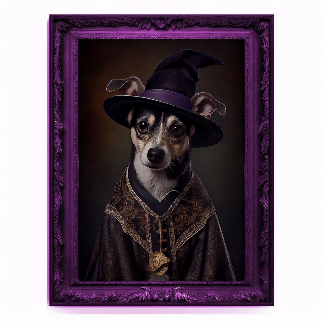 Wizard Dog Portrait, Magician Poster, Animal Painting, Altered Art, Magic Wand, Regal Vintage Artwork, Unique Prints, Pet Gift, Wizard Gift