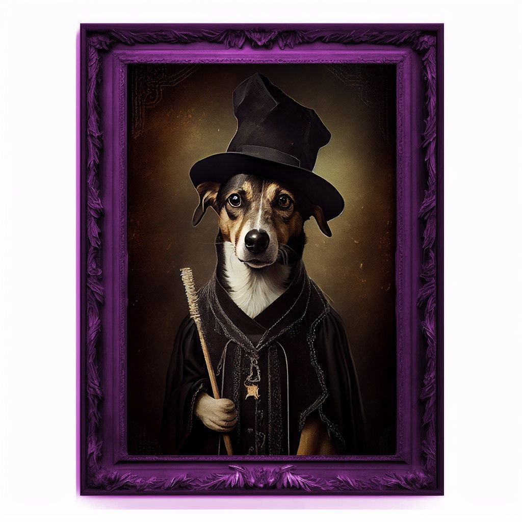 Wizard Dog Portrait, Magician Poster, Animal Painting, Altered Art, Magic Wand, Regal Vintage Artwork, Unique Prints, Pet Gift, Wizard Gift