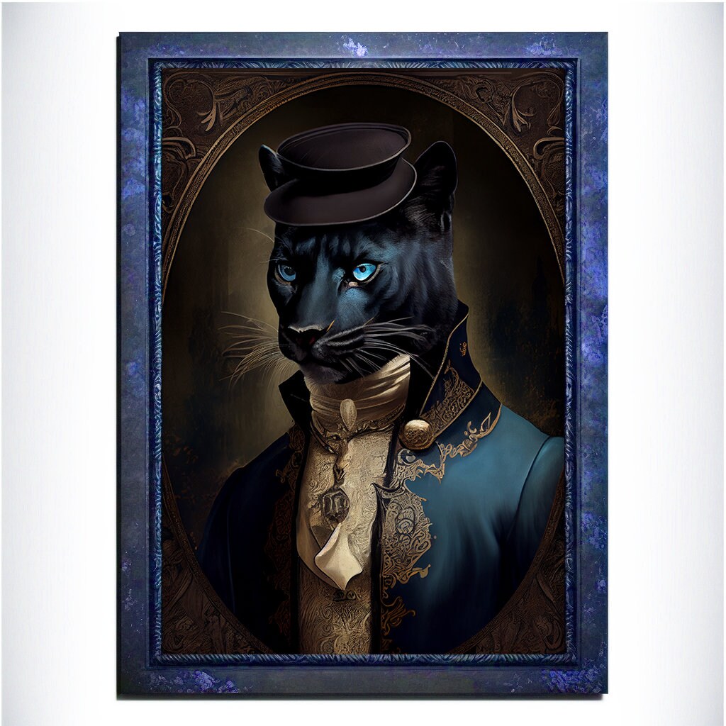 Blue Panther Wall Art Print, Blue Animal Lover Vintage Regal Art Poster. Victorian Gold Panther Portrait Royal Painting Puma Pet Gift - Wall Art Poster Print