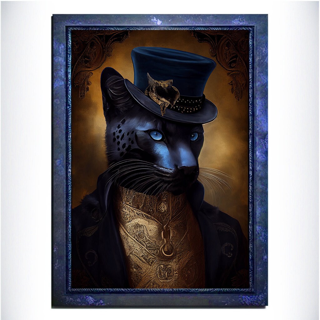 Blue Panther Wall Art Print, Blue Animal Lover Vintage Regal Art Poster. Victorian Gold Panther Portrait Royal Painting Puma Pet Gift - Wall Art Poster Print