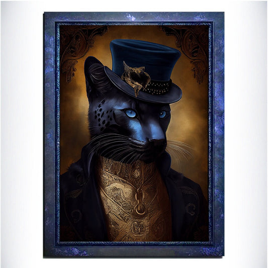 Blue Panther Wall Art Print, Blue Animal Lover Vintage Regal Art Poster. Victorian Gold Panther Portrait Royal Painting Puma Pet Gift - Wall Art Poster Print