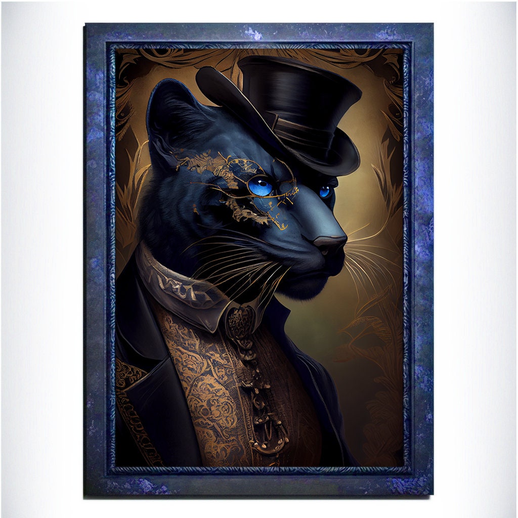 Blue Panther Wall Art Print, Blue Animal Lover Vintage Regal Art Poster. Victorian Gold Panther Portrait Royal Painting Puma Pet Gift - Wall Art Poster Print