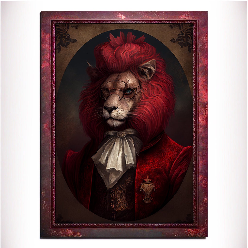 Red Lion Wall Art Print, Red Animal Lover Vintage Regal Art Poster. Victorian Red Lion Pub Portrait Royal Painting Red Lion Bar Art Pet Gift - Wall Art Poster Print