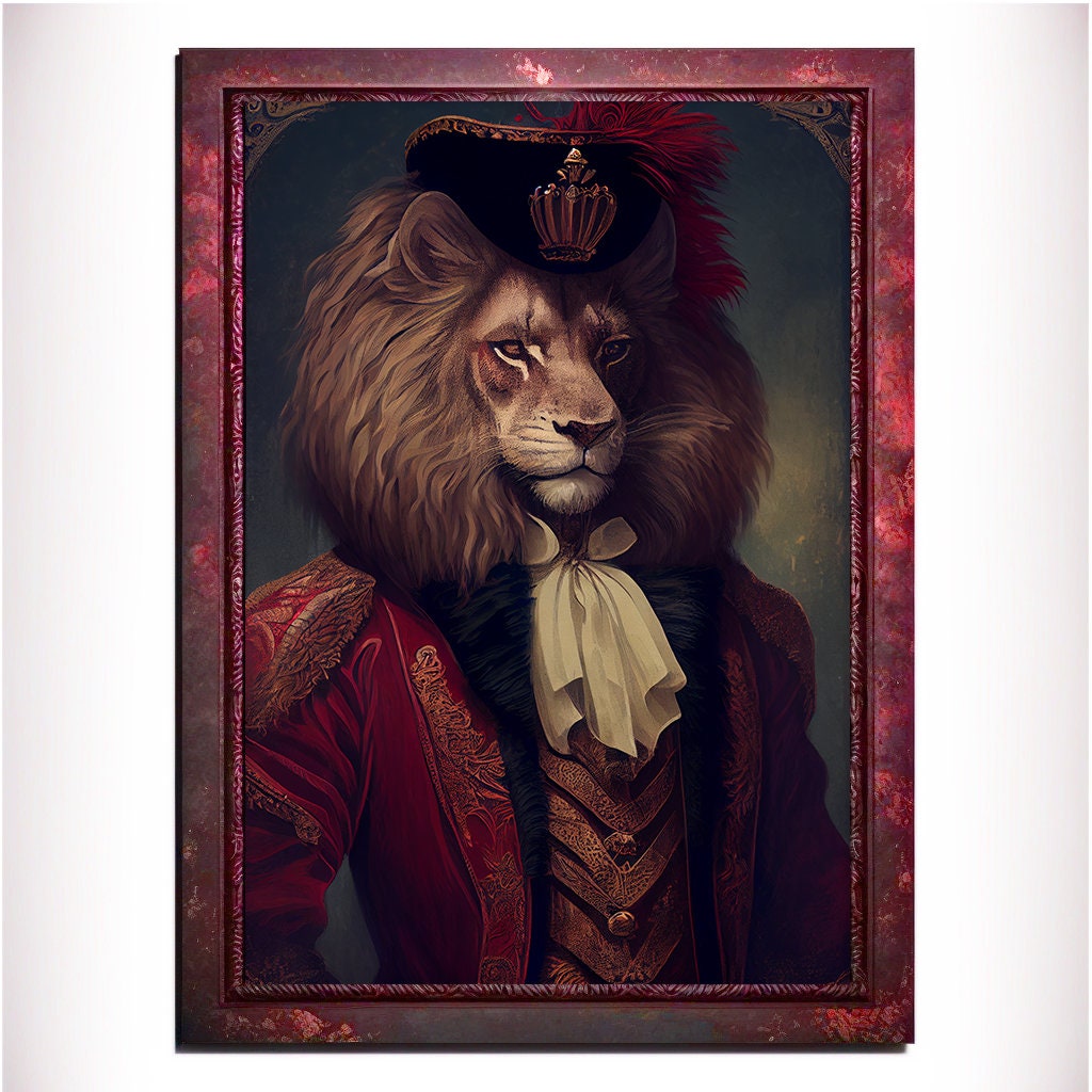 Red Lion Wall Art Print, Red Animal Lover Vintage Regal Art Poster. Victorian Red Lion Pub Portrait Royal Painting Red lion Bar Art Pet Gift - Wall Art Poster Print