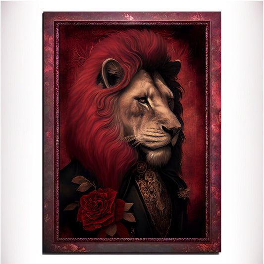 Red Lion Wall Art Print, Red Animal Lover Vintage Regal Art Poster. Victorian Red Lion Pub Portrait Royal Painting Red lion Bar Art Pet Gift - Wall Art Poster Print