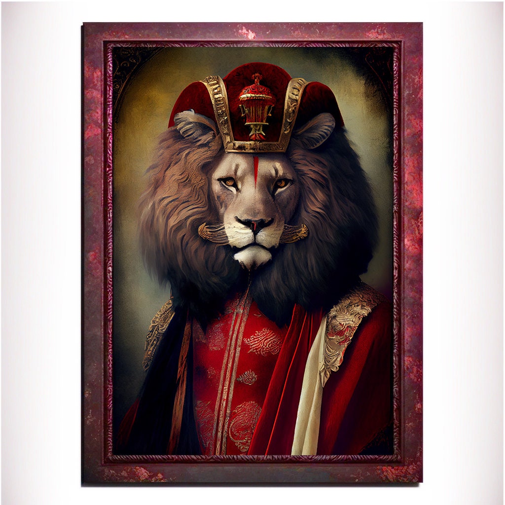 Red Lion Wall Art Print, Red Animal Lover Vintage Regal Art Poster. Victorian Red Lion Pub Portrait Royal Painting Red lion Bar Art Pet Gift - Wall Art Poster Print