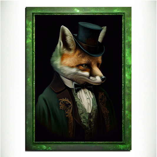 Green Fox Wall Art Print, Green Animal Lover Vintage Regal Art Poster. Victorian Fox Portrait Royal Painting Talented Fox Bar Art Pet Gift - Wall Art Poster Print