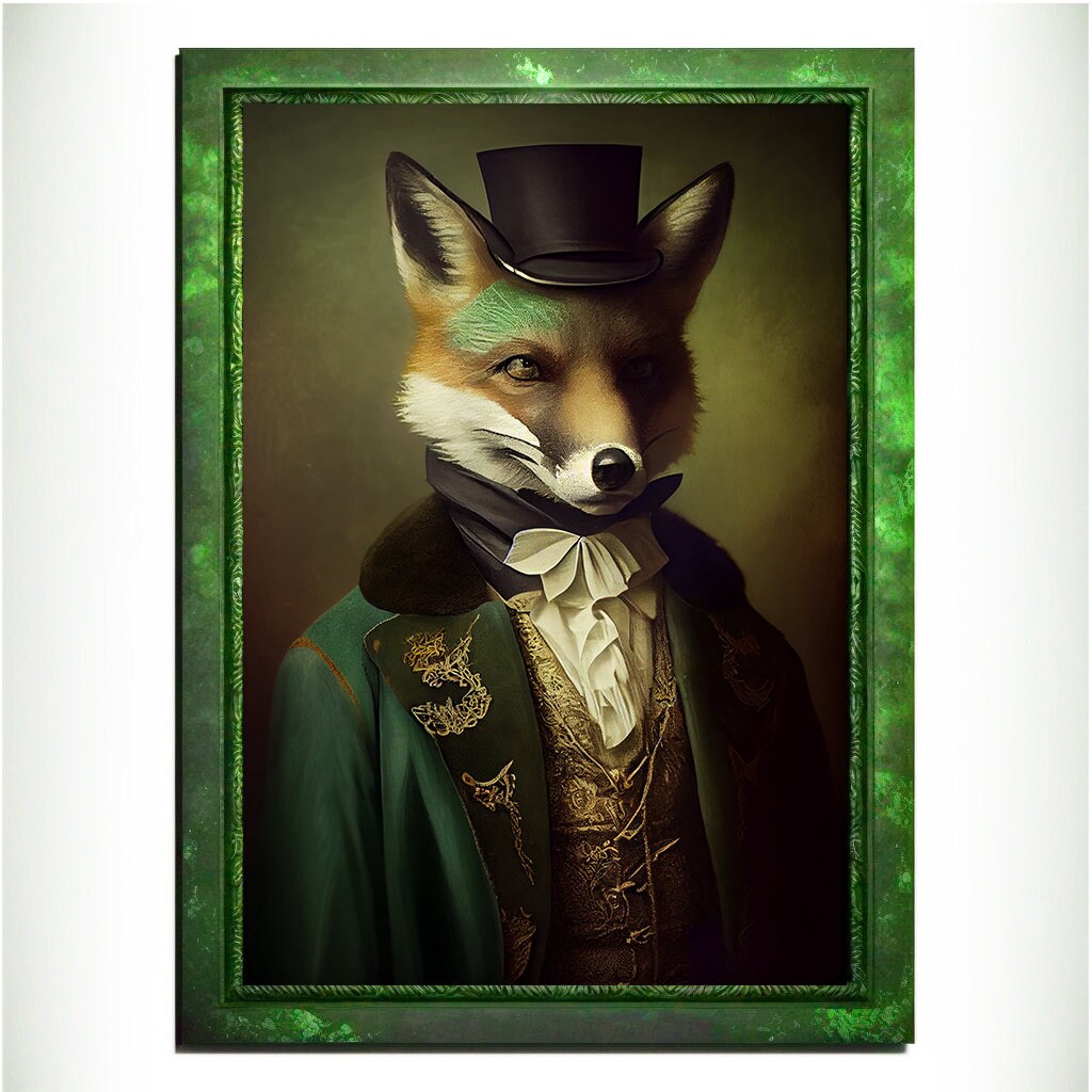 Green Fox Wall Art Print, Green Animal Lover Vintage Regal Art Poster. Victorian Fox Portrait Royal Painting Talented Fox Bar Art Pet Gift - Wall Art Poster Print