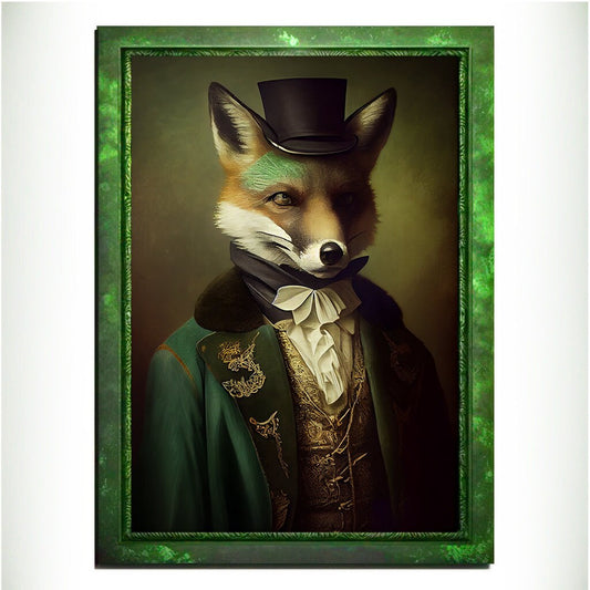 Green Fox Wall Art Print, Green Animal Lover Vintage Regal Art Poster. Victorian Fox Portrait Royal Painting Talented Fox Bar Art Pet Gift - Wall Art Poster Print