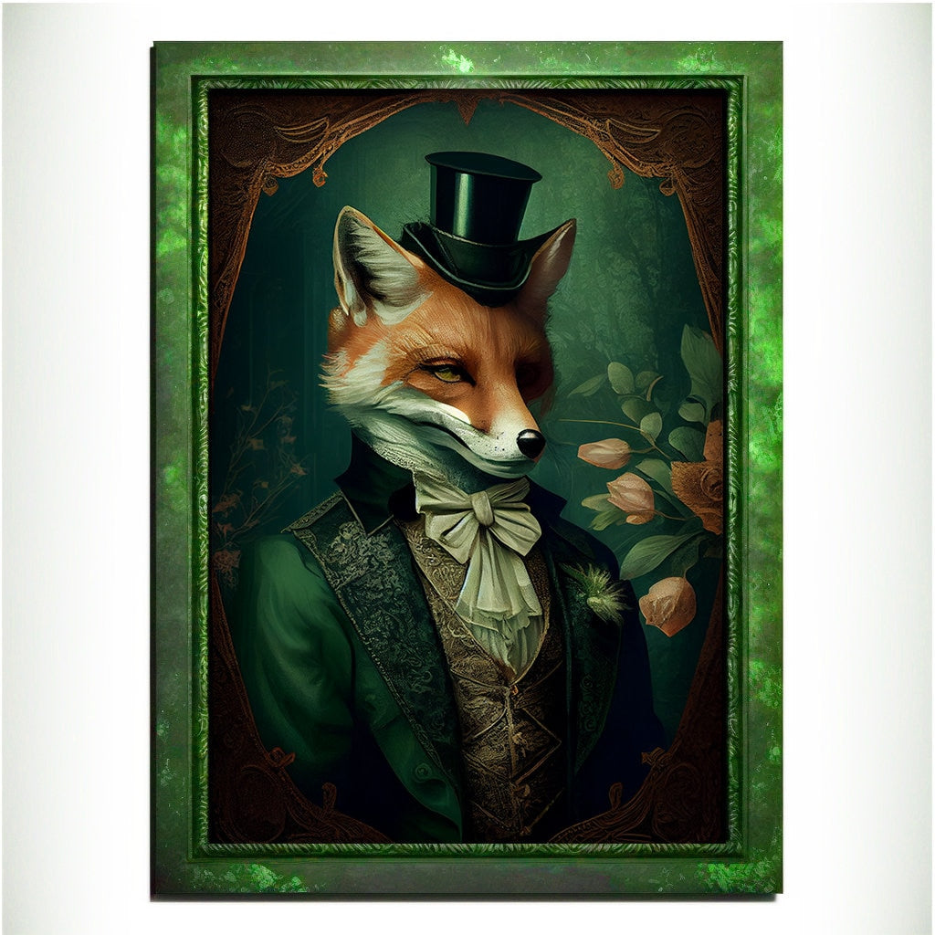 Green Fox Wall Art Print, Green Animal Lover Vintage Regal Art Poster. Victorian Fox Portrait Royal Painting Talented Fox Bar Art Pet Gift - Wall Art Poster Print