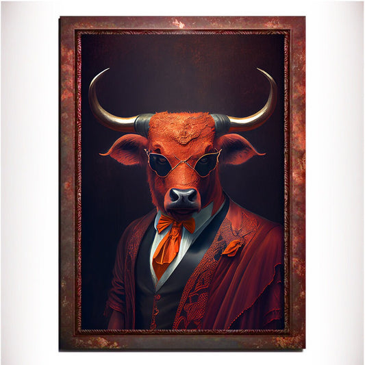 Orange Bull Wall Art Print, Animal Lover Vintage Regal Art Poster. Victorian Bull Bar Portrait Royal Painting Tango Orange Art Pet Gift - Wall Art Poster Print