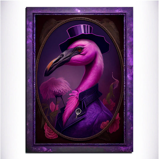 Purple Flamingo Wall Art Print, Animal Lover Vintage Regal Flamingo Art Poster Renaissance. Victorian Flamingo Portrait, Royal Painting Gift - Wall Art Poster Print