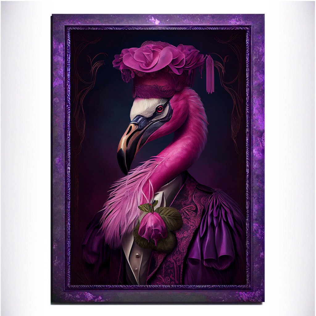 Purple Flamingo Wall Art Print, Animal Lover Vintage Regal Flamingo Art Poster Renaissance. Victorian Flamingo Portrait, Royal Painting Gift - Wall Art Poster Print