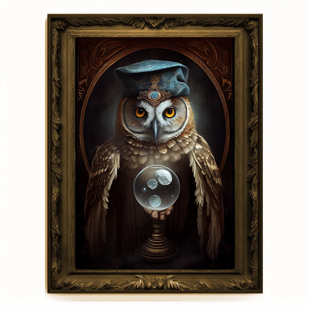 Crystal Ball Seer Owl Portrait, Owl Poster, Animal Painting, Altered Art, Magic Owl, Regal Vintage Art, Unique Prints, Pet Gift, Wizard Gift