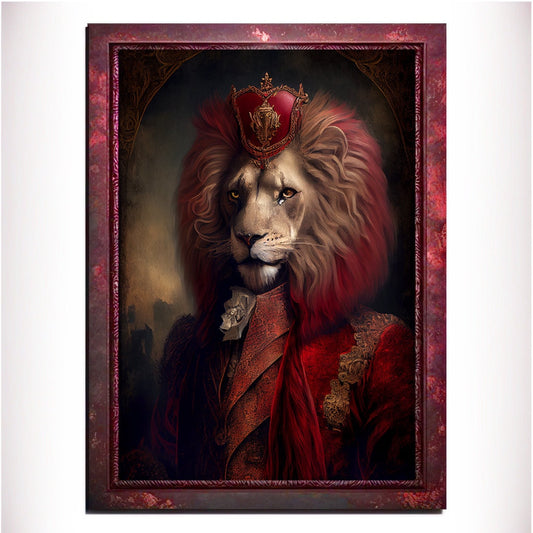 Red Lion Wall Art Print, Red Animal Lover Vintage Regal Art Poster. Victorian Red Lion Pub Portrait Royal Painting Red lion Bar Art Pet Gift - Wall Art Poster Print