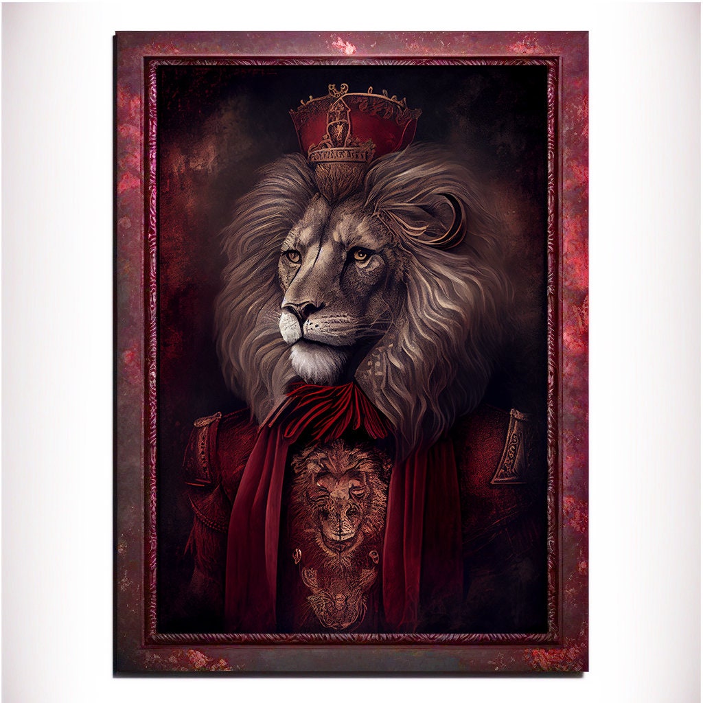 Red Lion Wall Art Print, Red Animal Lover Vintage Regal Art Poster. Victorian Red Lion Pub Portrait Royal Painting Red lion Bar Art Pet Gift - Wall Art Poster Print