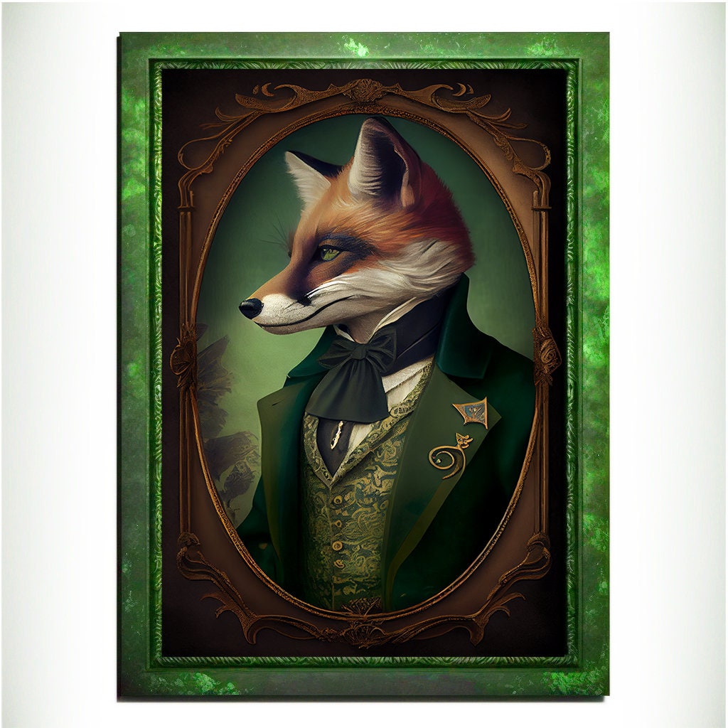 Green Fox Wall Art Print, Green Animal Lover Vintage Regal Art Poster. Victorian Fox Portrait Royal Painting Talented Fox Bar Art Pet Gift - Wall Art Poster Print