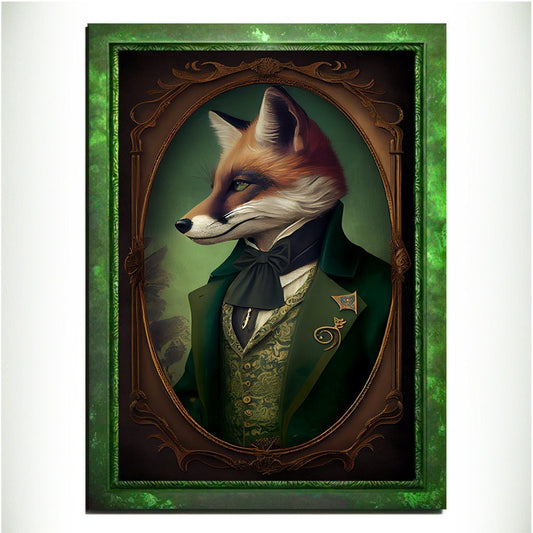 Green Fox Wall Art Print, Green Animal Lover Vintage Regal Art Poster. Victorian Fox Portrait Royal Painting Talented Fox Bar Art Pet Gift - Wall Art Poster Print