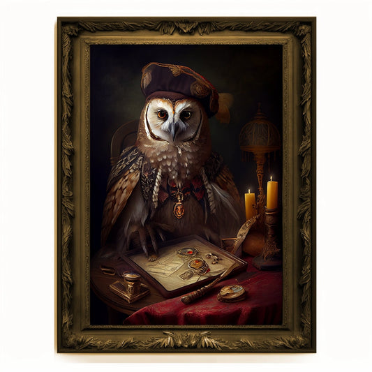 Prophet Owl, Fortune Teller Owl Portrait, Owl Poster, Animal Painting, Altered Art, Magic Owl, Regal Vintage Art, Unique Prints, Wizard Gift