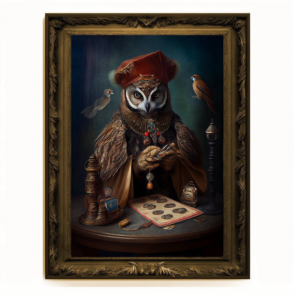 Prophet Owl, Fortune Teller Owl Portrait, Owl Poster, Animal Painting, Altered Art, Magic Owl, Regal Vintage Art, Unique Prints, Wizard Gift
