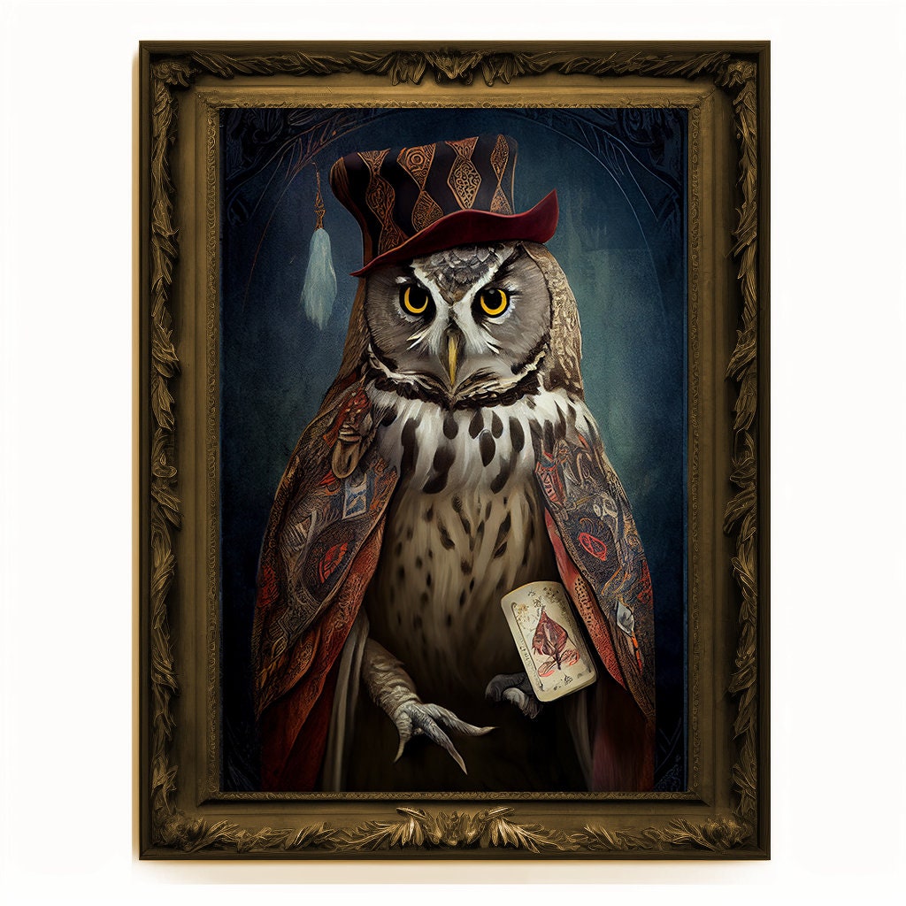 Prophet Owl, Fortune Teller Owl Portrait, Owl Poster, Animal Painting, Altered Art, Magic Owl, Regal Vintage Art, Unique Prints, Wizard Gift
