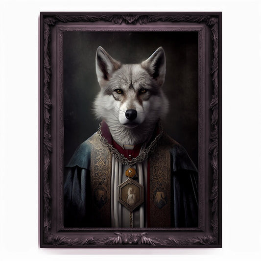 Wolf Priest, Ritual Wolf Portrait, Religious Poster, Animal Painting, Altered Art, Christian Wolf, Regal Vintage Art, Unique Prints, God Art